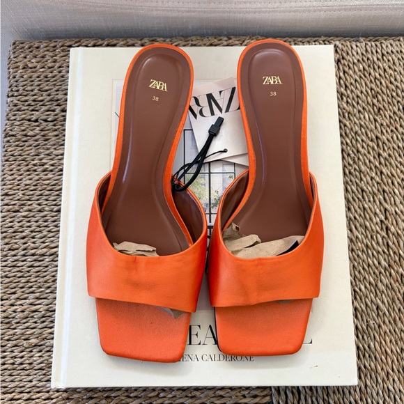 Zara Orange Heel Sandals 38 NEW - Picture 1 of 7